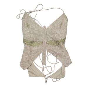 Y2K 5.7.9 Vintage Beaded Sequin Butterfly Halter Top Medium Green Cream